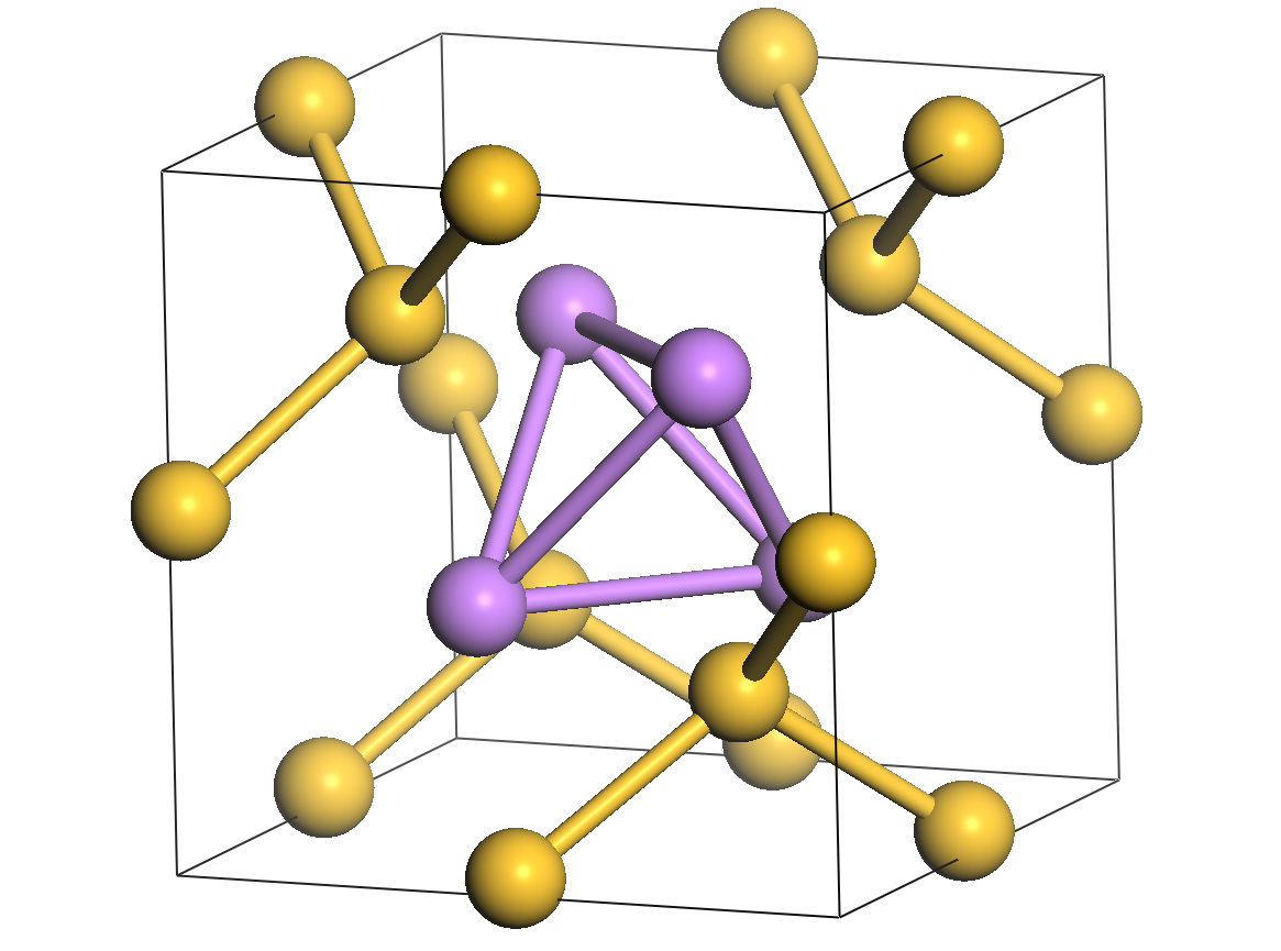 A cut-away of the the {4Li,V} Zintl defect consisting of four lithium atoms (pink) electrostatically confined within a silicon vacancy (the silicon atoms are in yellow). 